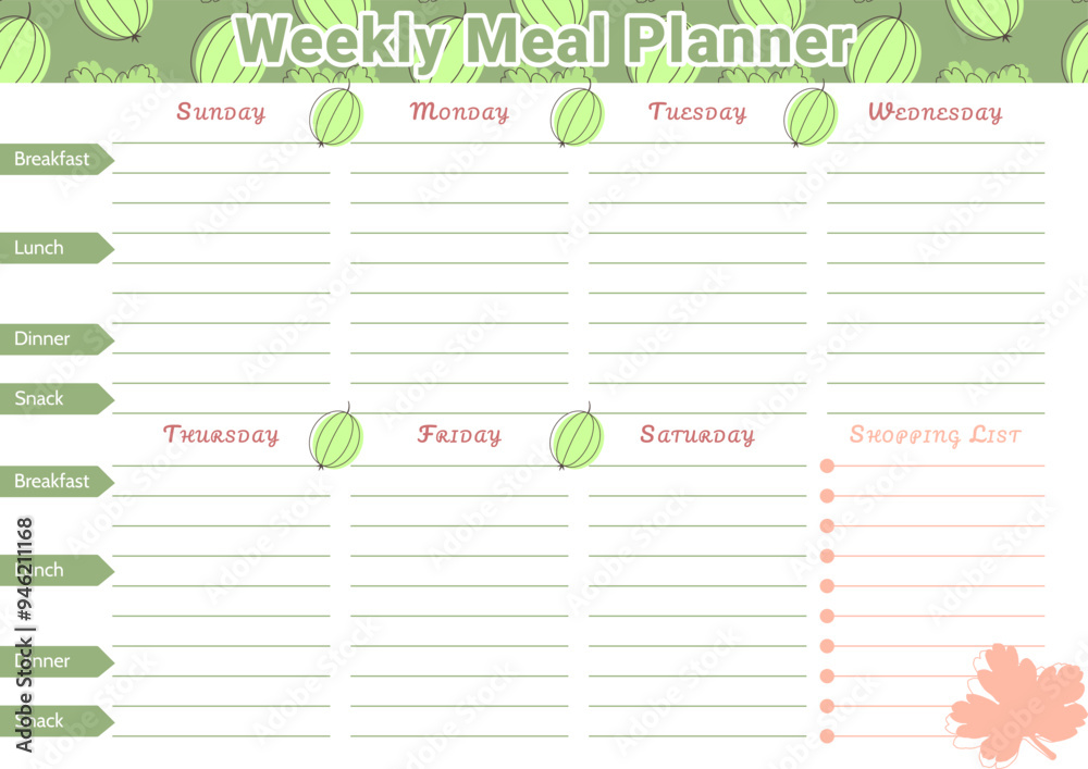Weekly meal plan template with a pattern of berries and gooseberry ...