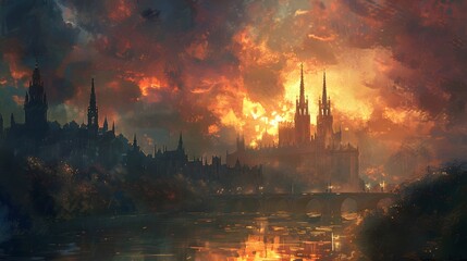 Canvas Print - Gothic City at Sunset.