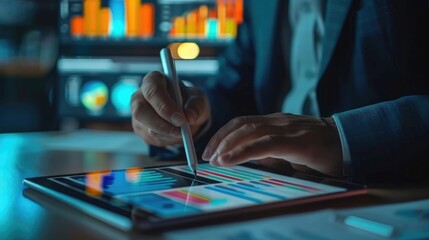 Poster - Data analysis, Business intelligence (BI), business analytics (BA) with key performance indicators (KPI) dashboard concept. Businessman working on digital tablet, financial graph, market research