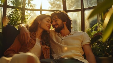 Wall Mural - A couple enjoying a cozy moment together in a sunlit greenhouse filled with plants and greenery in the late afternoon