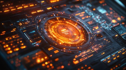 Poster - A sophisticated holographic interface with glowing orange elements is utilized for managing contacts in a modern, tech-savvy environment.