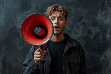 The young man stands confidently, holding a megaphone while expressing his thoughts with intensity. His casual attire and the textured gray backdrop add to the