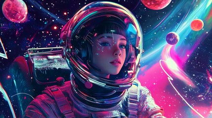 A cute girl in a futuristic pilot suit with an open face helmet, flying through space with planets and stars surrounding her