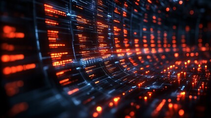 Poster - A dynamic holographic interface displays corporate data visually, enabling effective management and analysis in a high-tech setting.