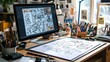 © Veayo - A creative workspace with a drawing tablet and storyboard sketches for an animation project
