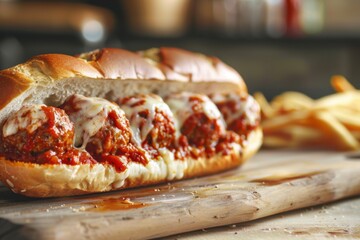 A savory meatball sub with marinara sauce and melted cheese, served on a toasted hoagie roll. Copy space for text