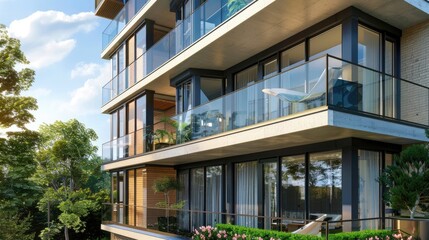 Poster - contemporary apartment building exterior with glass balconies an large windows with decorative elements.