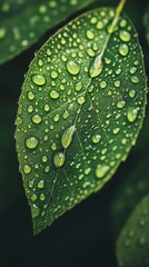 Canvas Print - Bright green leaf covered in water droplets after rain