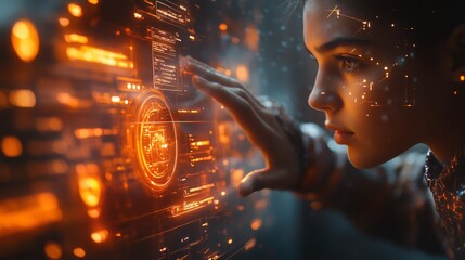 Poster - A young woman uses a holographic interface, exploring digital data while surrounded by glowing graphics in a modern environment.