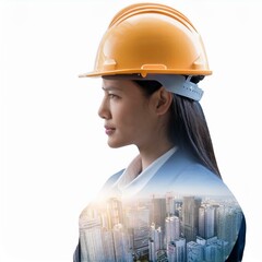 Double exposure of engineer wearing helmet and cityscape on white background with copy space, Engineer and buildings under construction