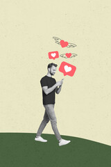 Poster - Trend artwork composite sketch image photo collage of young man walk blogger hold phone like love banner notification influencer follow