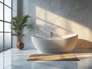 Sticker - contemporary bathroom interior with freestanding bathtub as focal point sleek white marble surfaces large windows allowing natural light minimalist luxury aesthetic