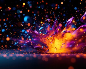 Vibrant explosion of colorful abstract particles in motion on a dark background, creating a dynamic and energetic visual display.