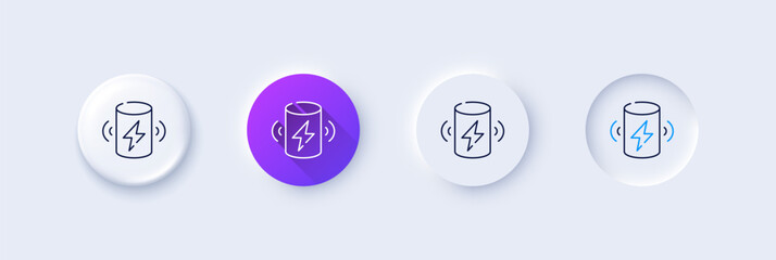 Poster - Charge battery line icon. Neumorphic, Purple gradient, 3d pin buttons. Electric power energy sign. Power bank symbol. Line icons. Neumorphic buttons with outline signs. Vector
