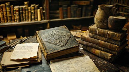Wall Mural - A historic artifact resting on a table, surrounded by old books and research notes.
