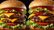 © Moklesur - Hamburger gourmet beef steak meal meat. Burger with french fries and fire.Burger with vegetables and sauce on wooden background.