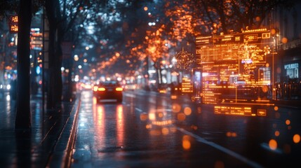 Poster - A holographic interface overlays energy management data on a wet city street, illuminated by vibrant lights from nearby buildings.