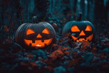 two carved pumpkins glowing in a dark forest, surrounded by fallen autumn leaves, creating a spooky 