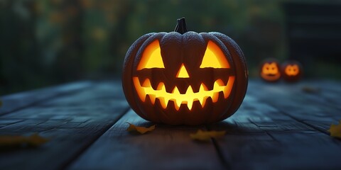 Wall Mural - Glowing jack-o'-lantern with a carved face sitting on a wooden deck in a Halloween setting.