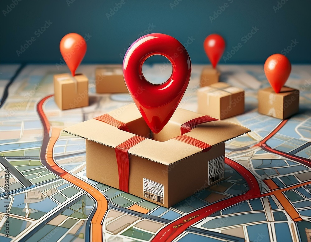 Red location pin floating above a package in a cardboard box above a ...