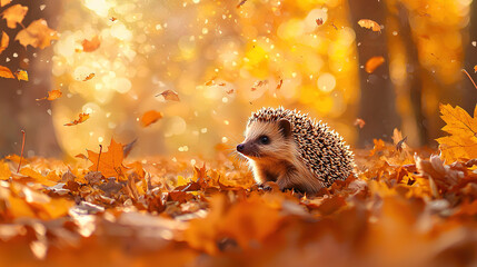 Hedgehog, foraging among vibrant autumn leaves