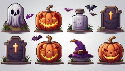 Wall Mural - Pixelated Haunted Halloween Props - set of 16-bit pixel art Halloween game assets, including pumpkin, tomb ghost. Game design assets. Graphic art 8 bit illustration isolated on white