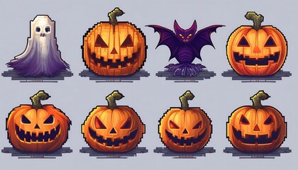 Wall Mural - Pixelated Haunted Halloween Props - set of 16-bit pixel art Halloween game assets, including pumpkin, bat, ghost. Game design assets. Graphic art 8 bit illustration isolated