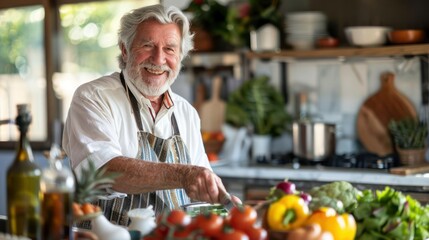 senior man enjoying a cooking class designed for single individuals, focusing on healthy and delicious meals. 