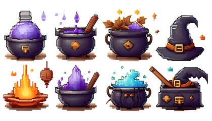Wall Mural - Pixelated Witchy Halloween Assets - 16-bit pixel art set of witch-themed Halloween game assets - witch cauldron, hat, potion. Game design assets. Graphic art 8 bit illustration isolated