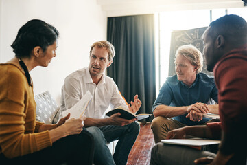 Poster - business people, designer and discussion for planning in meeting with creative brainstorming and ide