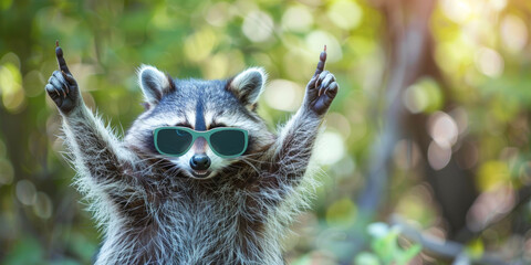 Raccoon wearing sunglasses raises arms in a playful pose in a sunny forest