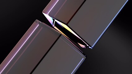 Poster - Abstract animation, 3d render of rotate in and out. Pentagon glass rotating geometric shape object isolated on black background, Rainbow colors reflection glass. 4k seamless looped video