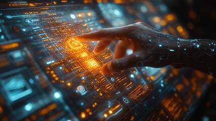 Poster - A user interacts with a holographic interface designed for managing privacy settings in a modern technology environment.