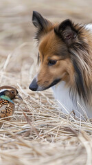 Close-up of dog and pheasant face to face on dry grass, curiosity and nature interaction