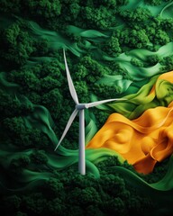 Aerial view of a wind turbine in a vibrant forest landscape representing renewable energy and environmental sustainability.