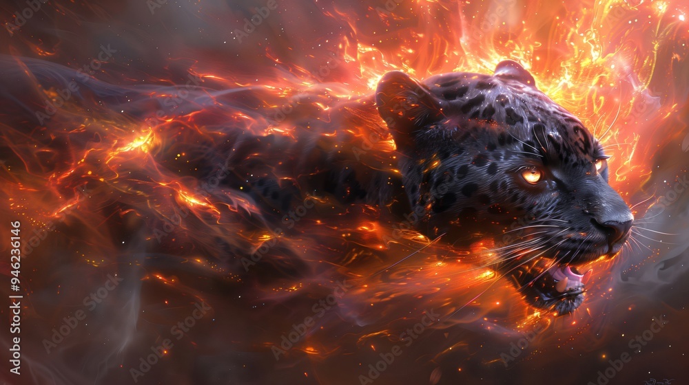 Panther Exploding Powerful Black panther with glowing eyes is emerging from a fiery ...