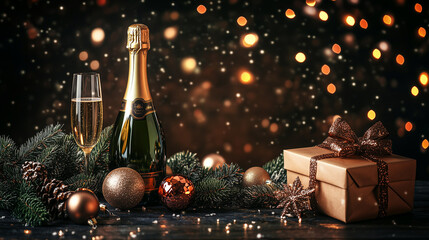 Concept of New Year celebration with champagne bottles. Happy new year background or banner 