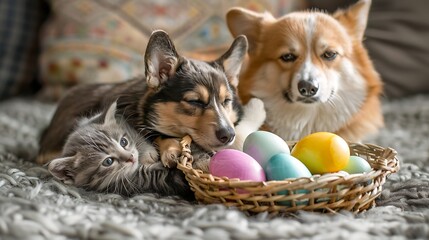 Sticker - A playful kitten and puppy resting beside a basket of colorful Easter eggs on a cozy blanket.