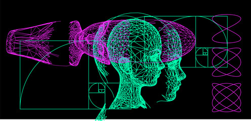 Poster - A set of 3d heads made of mesh. Illustration in techno futuristic style.