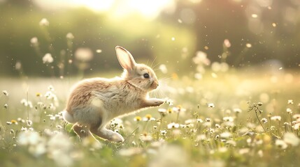 Wall Mural - A playful rabbit hops through a field of flowers, capturing the essence of nature and joy.