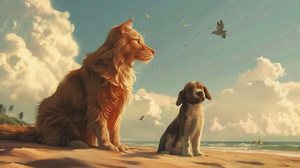 Poster - A serene beach scene featuring a golden cat and a playful puppy, enjoying the sunset by the ocean.