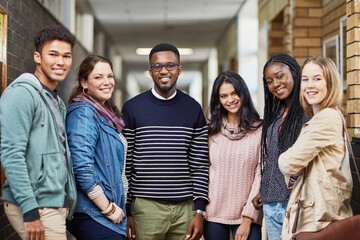 Poster - Students, study and group portrait in college for education, learning and teamwork in classroom. Friends, confident and diversity for scholarship, university and collaboration with research project