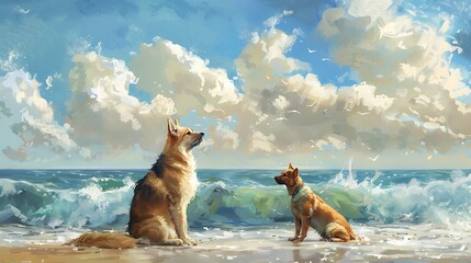 Wall Mural - Two dogs sit on a beach, gazing at the ocean waves under a bright, cloudy sky.