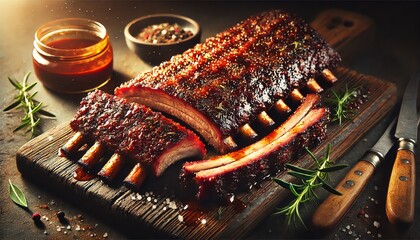 An image of perfectly cooked, juicy ribs, sliced and arranged on a rustic wooden cutting board