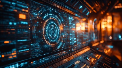 Poster - A holographic interface displays vital data in a futuristic control room, emphasizing technology and advanced management tools during nighttime operations.