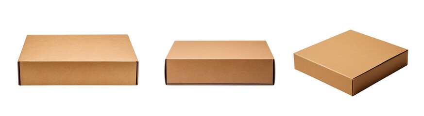 Three different types of blank brown cardboard boxes for packaging or shipping purposes, PNG