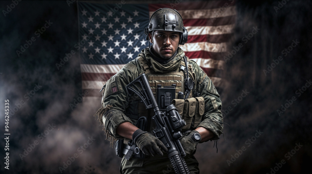 Determined American soldier in full combat gear holding a rifle ...