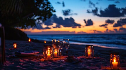 Canvas Print - A romantic beach setting with candles and lanterns, setting a tranquil and intimate atmosphere for a dinner