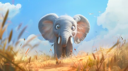 Poster - A cute cartoon elephant standing on a grassy hill under a bright blue sky.