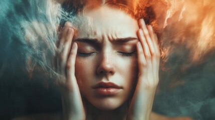 Leinwandbilder - The woman appears deeply troubled, with hands on her head, expressing feelings of stress and anxiety in a tense environment. Generative AI